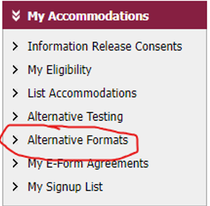 navigation menu "my accommodations" expanded. Fifth list item "Alternative Formats" highlighted.