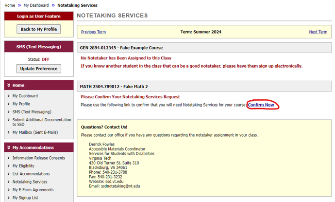 A screenshot of a notetaking services web page showing class details, a confirmation request for notetaking services with a "Confirm Now" button.