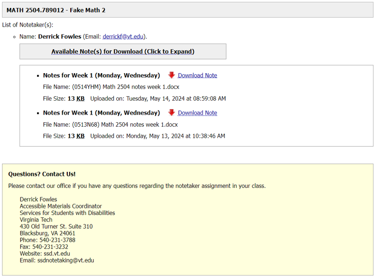 Screenshot of a course download page for the course with a list of notetakers, links for downloading weekly notes, and contact information for inquiries.