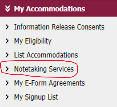 Navigation menu "My Accommodations" expanded. Fourth list item highlighted in red.