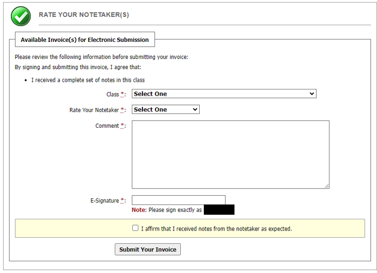 Web form for rating a notetaker with fields for class, notetaker rating, comments, an e-signature prompt, and a submission affirmation checkbox; button to submit the invoice.