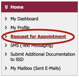 Screenshot of navigation bar with third link "Request for Appointment" highlighted