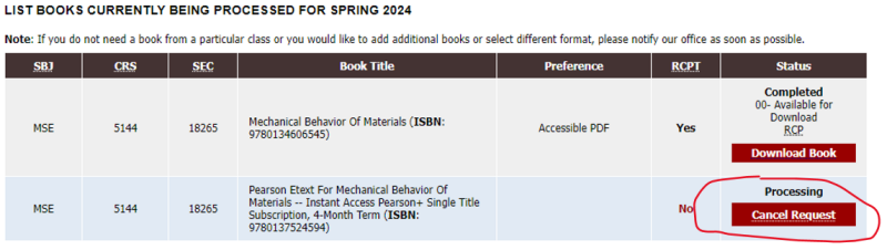 Screenshot of booklist with new buttons indicating that a request is in process but can be cancelled by the user.