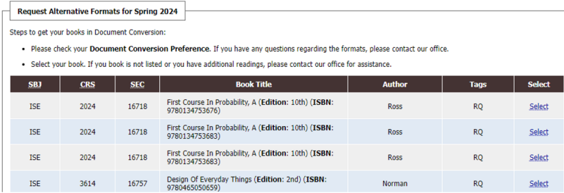 example table of books available for request based on course registration.