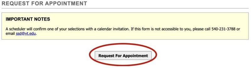 screenshot appointment information notice above button labeled "Request for Appointment"