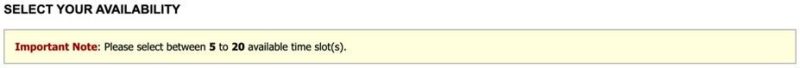 screenshot of heading instructing "Please select between 5 to 20 available time slots"
